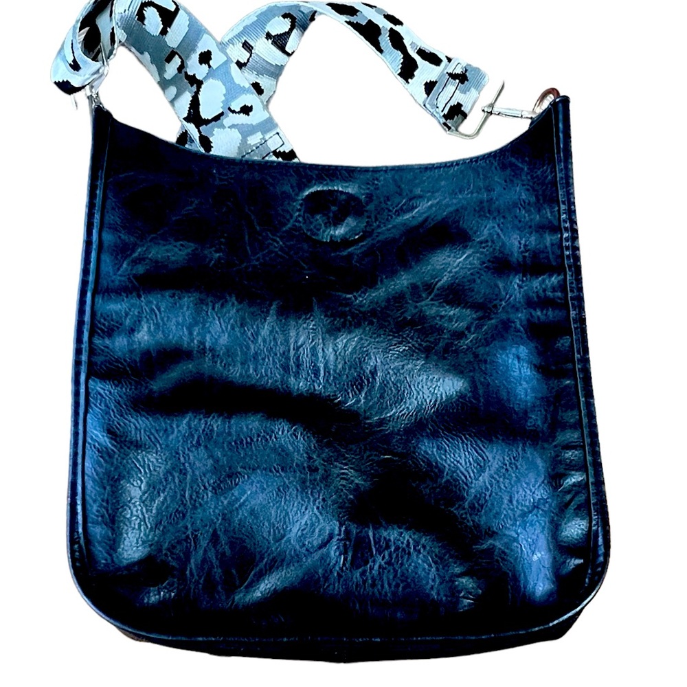 Ah-Dorned Large Black Vegan Leather Crossbody Bag with Animal Print Guitar Strap